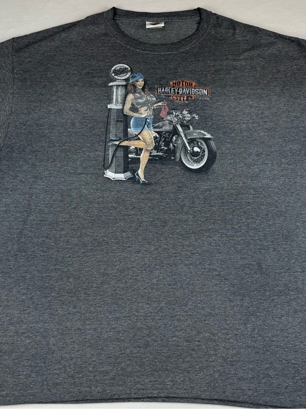 Harley-Davidson Dark Gray Graphic Tee with Motorcycle Pinup Art